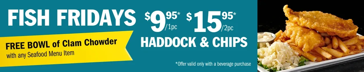Friday Fish and Chips special with a free bowl of clam chowder at Symposium Cafe